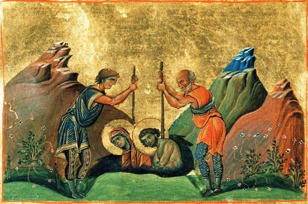 The saints Chrysanthus and Daria being pushed underground to their horrible death in a salt mine.		Source: Public domain