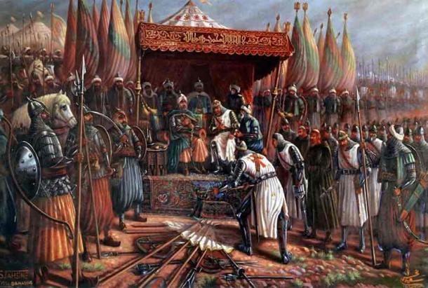 Saladin and Guy de Lusignan after battle of Hattin in 1187. Source: Public Domain