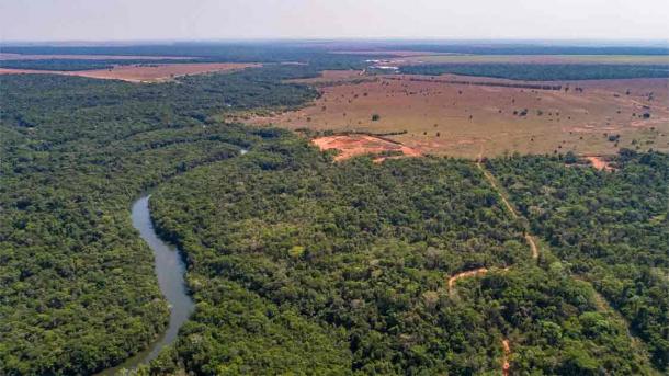 Aerial view of Amazon tributary river, San Jose do Rio Claro, Mato Grosso, where ancient manufacturing of terra preta has been found. Source: Uwe Bergwitz/Adobe Stock