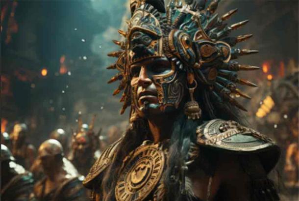 Photo of an Aztec warrior in imagined armor. Source: Superhero Woozie/Adobe Stock