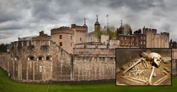 The Tower of London (Photocreo Bednarek /Adobe Stock). Inset: Representational image of a skeleton (tuulimaa / Adobe Stock)