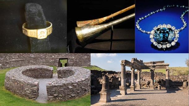 Some unlucky artifacts and cursed sites: The Ring of Silvianus (CC BY 2.0), Tutankhamun’s silver trumpet with wooden insert (Meridianos), the Hope Diamond (CC BY-SA 4.0), Stone ringfort, “Ring of Kerry” in Ireland (Francis Bijl/ CC BY 2.0 ), and ruins of an ancient synagogue at Chorazin. (Lev.Tsimbler/CC BY SA 4.0)
