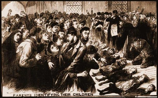 The scene at Victoria Hall, the grief-stricken parents having to identify the bodies of their children. Source: wearsideonline / Public Domain