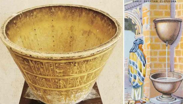 Images of the Ancient water clock, the Egyptian Clepsydra. Source: Left; Archivist/Adobe Stock, Right; Egypt Museum