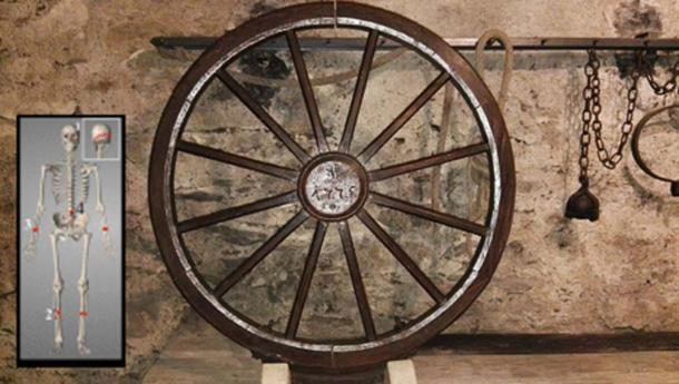 Wheel of Torture device. Insert, skeleton of young man wh9 was the victim of torture on the wheel.