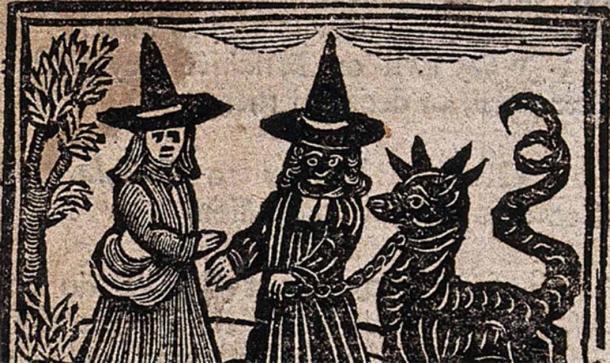 Witchcraft: a white-faced witch meeting a black-faced witch with a great beast. Woodcut, 1720. Source: Public Domain