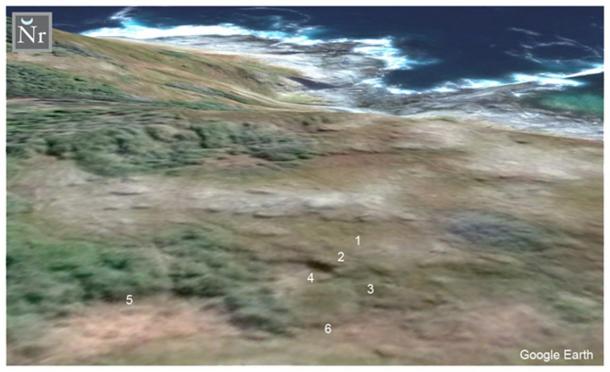 FIGURE 3: Satellite photograph taken above Point Rosee of a possible bog ore roasting oven, exposed by William James Veall.