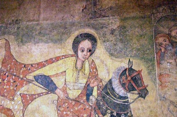 A figure rides upon horseback, thought to be the Queen of Sheba. 