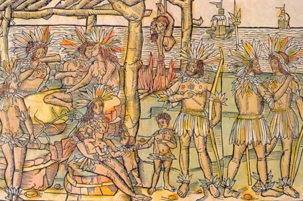 La representación más antigua conocida de canibalismo en el Nuevo Mundo en un grabado de Johann Froschauer para una edición de Mundus Novus de Vespucci, publicado en 1505. (Dominio público)