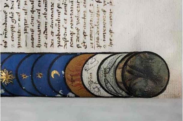 The first page of De universo features a remarkably detailed illumination depicting the four elements of nature (from right): earth, water (note the pair of fish), air (complete with flies), and fire.        (University of Rochester photo / J. Adam Fenster)