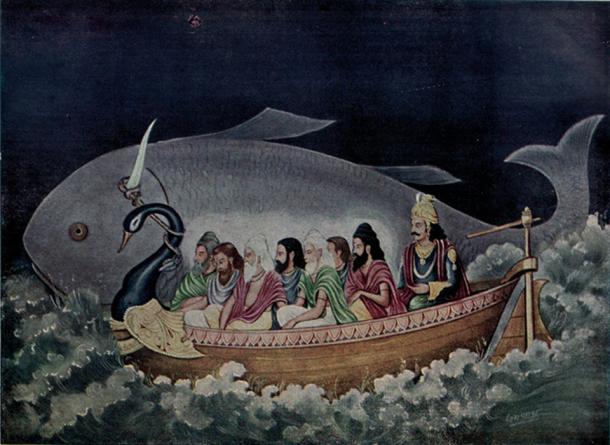 The fish Matsya rescues the Saptarishi (Seven Sages) and Manu from the great Deluge