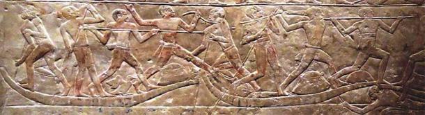 Detalle de la escena de las justas de un pescador. Relieve de la tumba de Ny-ankh-nesuwt, Saqqara, Reino Antiguo, principios de la VI dinastía, c. 2345-2320 a.C. AD - Museo de Arte Nelson-Atkins. (Dominio publico)