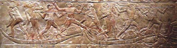 Detail of a fisherman jousting scene. Ny-ankh-nesuwt tomb relief, Saqqara, Old Kingdom, early 6th Dynasty, c. 2345-2320 BC - Nelson-Atkins Museum of Art. (Public Domain)