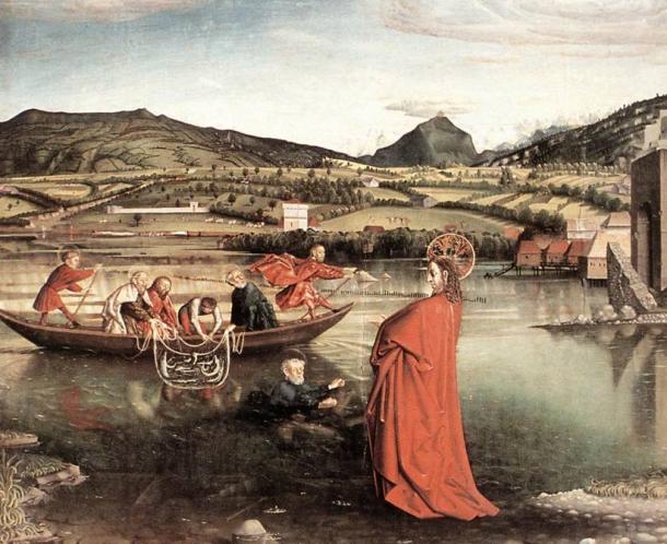 Biblical scene of a fishing village