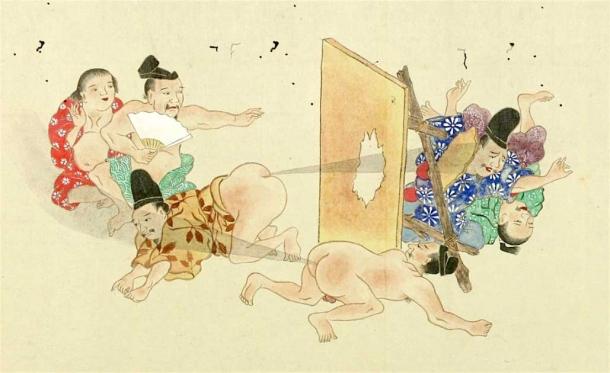 La flatulencia exhibida durante las batallas de pedos de los rodillos de mano he-gassen puede haber perforado incluso las paredes de pantalla shoji de los hogares japoneses. (Dominio publico)