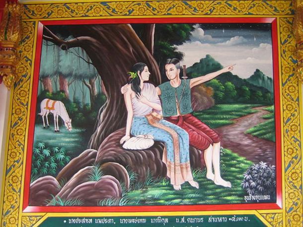 Khun Phaen and Wanthong flee to the forest. Mural in sala on Khao Phra, U Thong, Suphanburi, Thailand. 