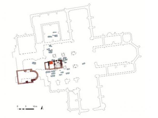 The floor plan of the Frankfurt Cathedral, showing in dark red near the center the building where the children’s remains were buried.