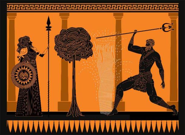 Athens’ foundation myth: Athena with olive tree & Poseidon with salt fountain Source: matiasdelcarmine / Adobe Stock)