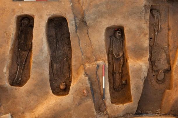 The four skeletons discovered at the old Jamestown church, Jamestown, USA