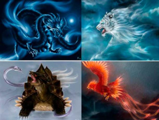 The four mythical creatures of China; the Azure Dragon of the East, the White Tiger of the West, the Black Tortoise of the North, and the Vermillion Bird of the South. (Author provided)