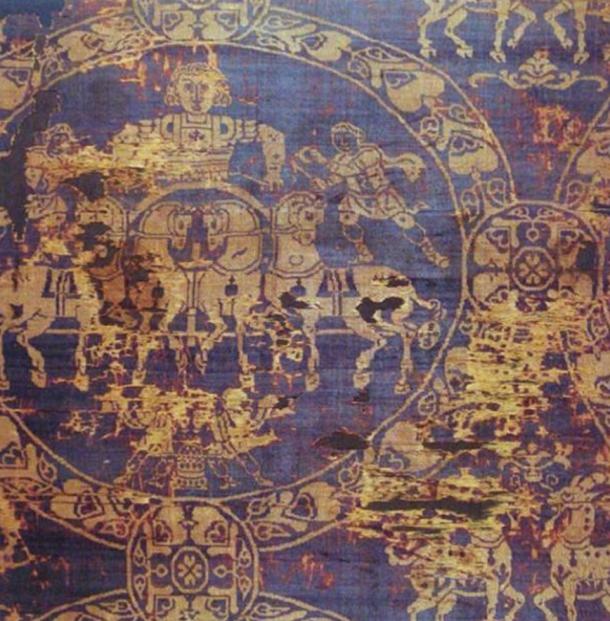 A fragment of the shroud in which the Emperor Charlemagne was buried in 814. It was made of gold and Tyrian purple from Constantinople