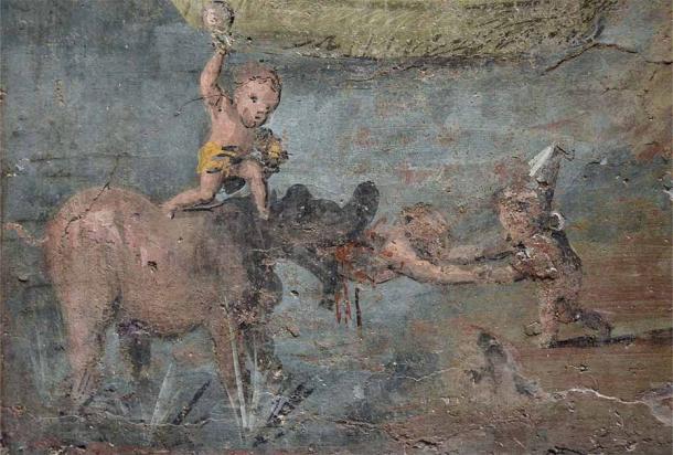 Detail of a fresco depicting a Nilotic landscape with pygmies in the Naples National Archaeological Museum collection. The scene formed part of the internal decoration of a podium that surrounded the garden of the Casa del Medico in Pompeii. (Carole Raddato / CC BY-SA 2.0)
