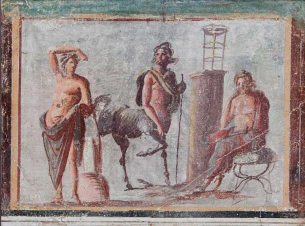 1st century AD fresco from Pompeii. Left to right: Apollo, Chiron, and Asclepius. (Public Domain)