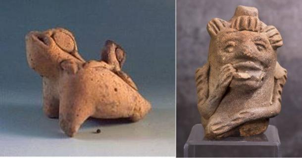 Left: A whistle in the shape of a frog from Yaxchilan (Tlapitzalli.com). Right: Maya monkey whistle.