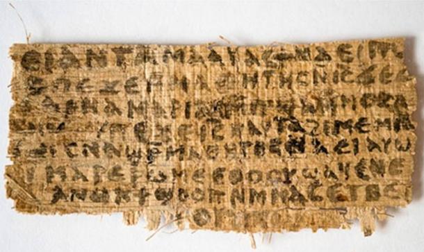 The front of a papyrus fragment from an early Christian codex on which is written the Gospel of Jesus's Wife. 