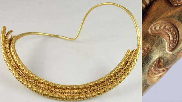 The front view of the gold neck ring found in Denmark that was likely a hidden treasure as opposed to a votive offering. Source: Sydvestjyske Museum