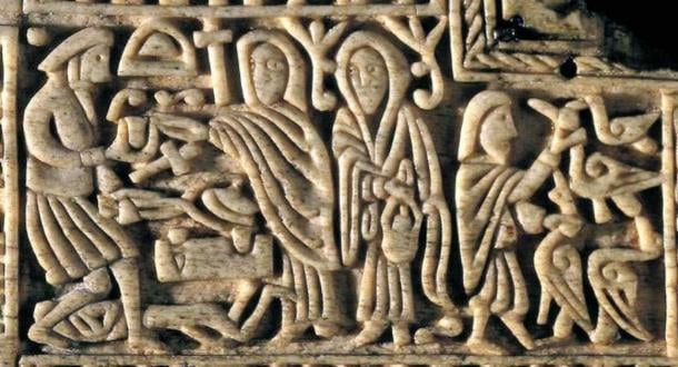 Close-up of the front panel of the Franks Casket, Auzon, France, 8th century AD. This part of the casket features an Anglo-Saxon depiction of the Wayland (Volund) legend. Wayland is depicted next to his forge and tools, with the decapitated body of one of King Niðhad’s sons before him. He is offering a goblet fashioned from the skull to a woman, probably the king’s daughter, Bodvild. The second female figure is either an attendant or Bodvild again. The male figure on the right side is either Wayland or one of his brothers. He is strangling geese to collect feathers for a flying machine. (Public Domain)