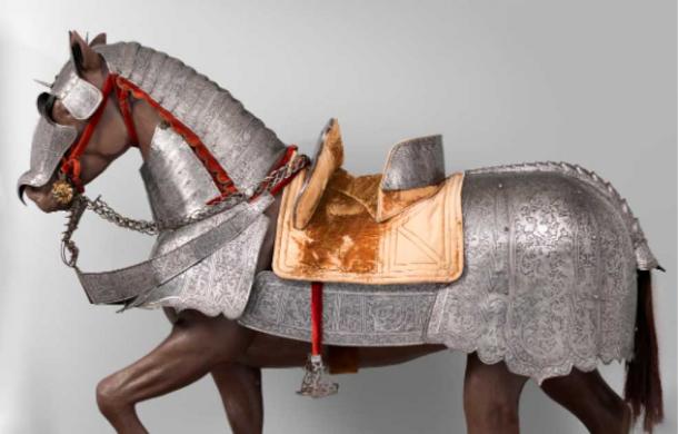 This full horse body armor was probably made for Count Antonio IV Collalto in 1589 AD when he was appointed commander of the Venetian army. The horse armor is covered with etched ornament that includes undulating foliage, mythological creatures, winged putti, and heroes from Biblical and Classical history, such as David and Goliath and Marcus Curtius. The decoration and the quality of the etching suggests an origin in Brescia, the second most important armor-producing center in northern Italy after Milan. (MetMuseum / Public Domain)