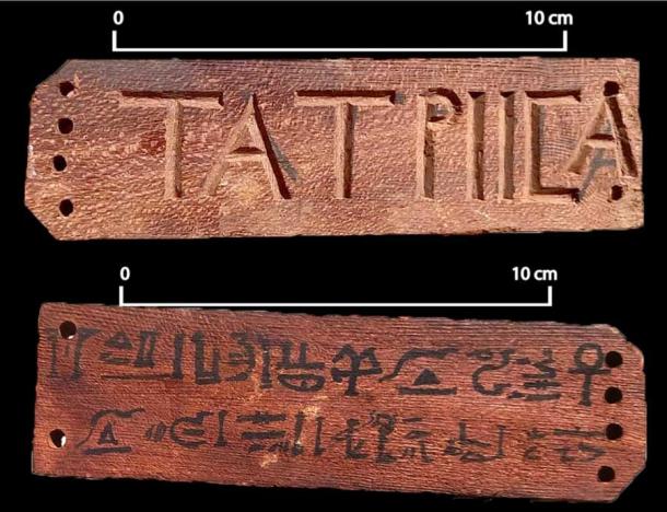 A funerary permit, written in Greek and hieroglyphics, found in one of the 85 new Egyptian tombs in Sohag province. Funerary permits included the dead individual’s name, parents’ names, age, and occupation. (Ministry of Tourism and Antiquities)