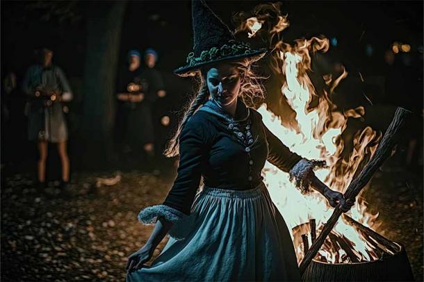 AI generated image of a stereotypical witchlike woman dancing near the fire, the supposedly pagan holiday of Walpurgis night (DyrElena/Adobe Stock)