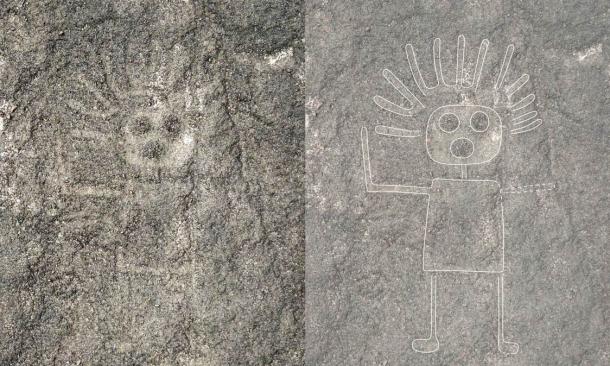 A geoglyph discovered in Nazca, Peru, with an annotated version to highlight the image. 