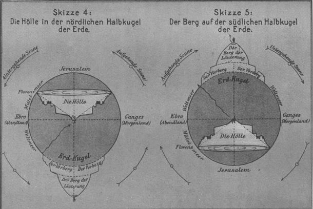 Artist's interpretation of the geography of the Divine Comedy: the entrance to Hell is near Florence with circles descending to the Earth's center.