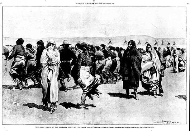 The Ghost dance by the Oglala Lakota, one of the groups of the Sioux tribe, at Pine Ridge Agency-Drawn by Frederic Remington from sketches taken on the spot. (Public domain)