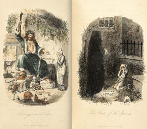 The ghosts of Christmas’s Present and Yet to Come, A Christmas Carol, 1843.