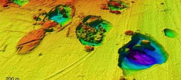 A photo showing the giant craters in the Barents Sea.