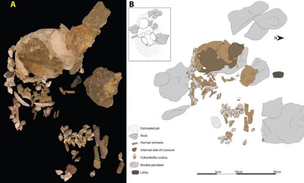 The Mesolithic girl infant’s burial layout. (A) Progressive 3D photogrammetric image of each piece prior to removal, reconstructing the bones and artifacts as they were in situ. (B) Inset tracing demonstrating the likely body position. (Scientific Reports)
