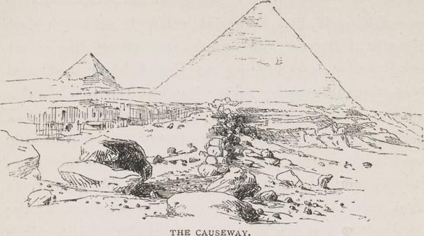 Dibujo de los restos de una calzada que conduce a la Gran Pirámide