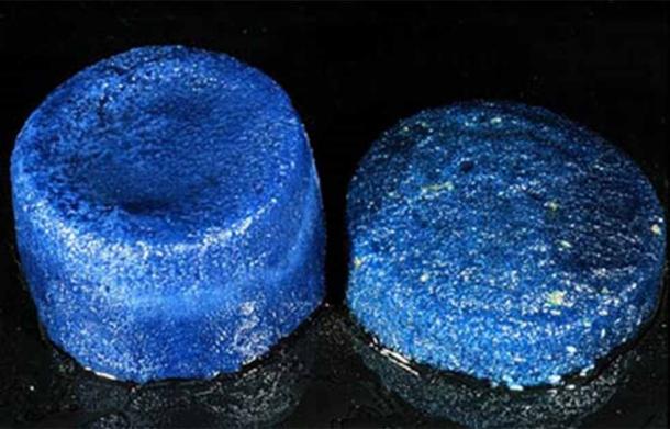 The earliest intact glass ingots of disc shape. Chemical analyses have revealed the use of cobalt (left) and copper (right) as coloring agents. (INA)
