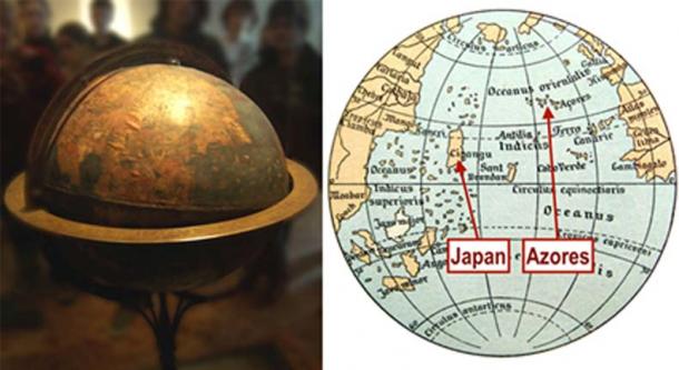 Martin Behaim’s globe (CC BY-SA 2.0 de) intentionally placed the Azores islands, where Behaim lived and was married, on top of the Americas. This made Asia appear much closer to Europe than it really is, thus supporting the project that Columbus was advocating for. Map of  Atlantic Ocean (Public Domain/Deriv)