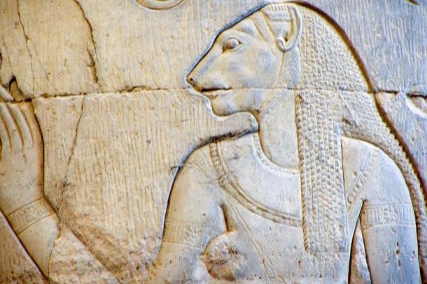 Bas-relief representing the goddess Sekhmet on a column of the Temple of Kom Ombo in Kom Ombo - Egypt . 