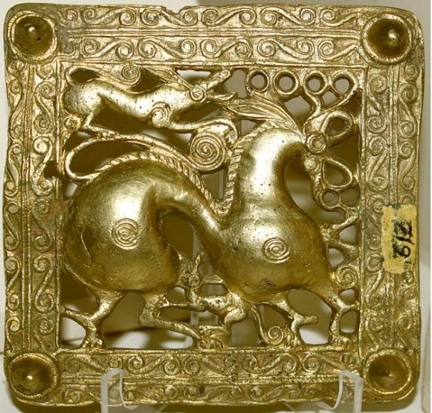 A gold Scythian belt buckle, Azerbaijan, 7th century BC.