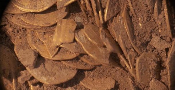 Parte del gran tesoro de monedas de oro aún está en el suelo. (Autoridad de Antigüedades de Israel)