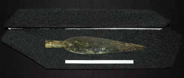 The gold spearhead found in the Bronze Age hoard.