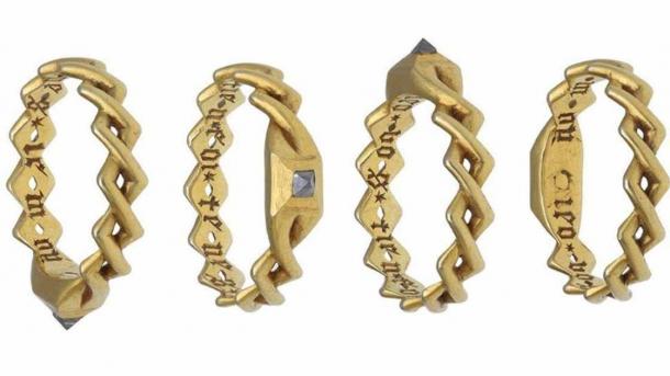 The medieval gold ring has an inscription in Medieval French. (Noonans)