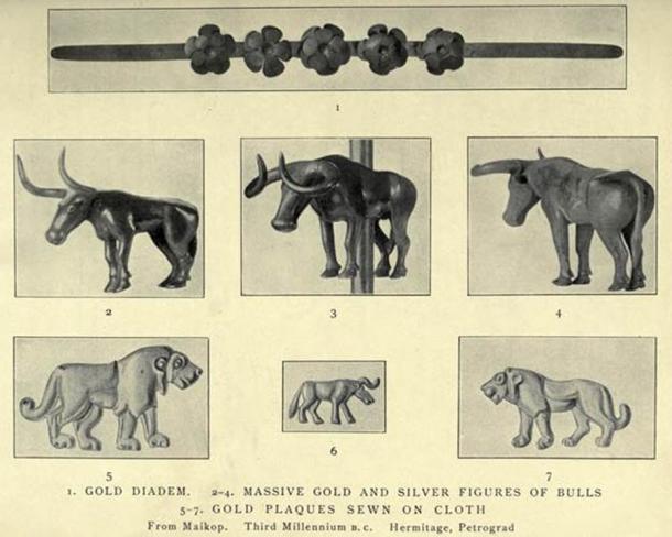 A gold diadem, massive gold and silver figures of bulls and gold lion plaques sewn on cloth, from the Maykop, or Maikop archaeological site in southern Russia. (The Mobile Megalithic Portal)