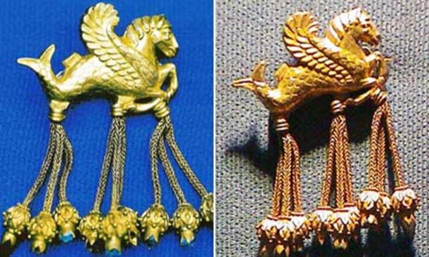 The original on the left, and the fake golden brooch in the shape of a winged hippocampus from the Lydian Hoard in Turkey.